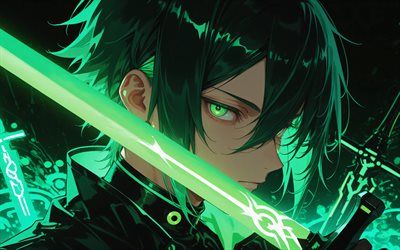 ميكاج, معركة, 4k, عن قرب, السيف الاخضر, يوميكورو, comgdarkness, عيون خضراء, شخصيات يوميكورو, yume shokunin إلى wasureji no kuroi yousei, مانغا, ميكاجي يوميكورو