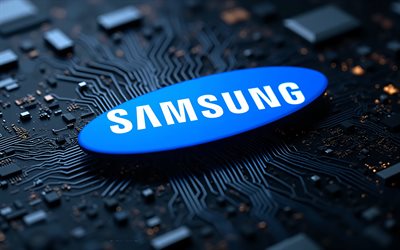 logotipo azul de samsung, 4k, fondo de tecnología negro, emblema de samsung, logotipo 3d azul de samsung, signo azul de samsung, placa base negra, signo de samsung, logotipo de samsung, samsung