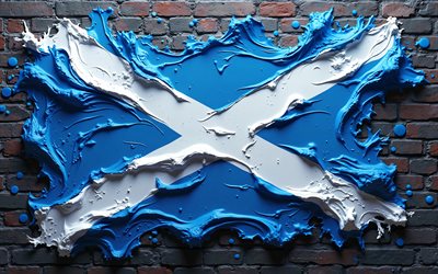 4k, iskoçya bayrağı, sanat eseri, avrupa, kahverengi tuğla duvar, boya sanatı, iskoç bayrağı, boya sıçraması, yaratıcı, iskoç ulusal sembolleri, iskoçya 3d bayrağı, iskoçya