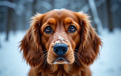 4k, cocker spaniel inglés, invierno, bokeh, bosque, perros, bozal, animales lindos, mascotas, perro en el bosque, perro cocker spaniel inglés