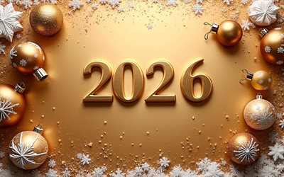 2026 hyvää uutta vuotta, tumma pronssi tausta, valkoiset joulupallot, 2026 tumman pronssin 3d numerot, 2026 tumma pronssi onnittelukortti, pronssiset joulupallot, hyvää uutta vuotta 2026, taide, 2026 konseptit, 2026 uusi vuosi