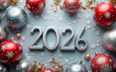 2026 feliz ano novo, fundo prateado, 2026 números 3d prateados, cartão de prata 2026, bolas de natal vermelhas, feliz ano novo 2026, arte, conceitos de 2026, 2026 ano novo