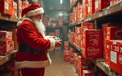 4k, papai noel, bokeh, caixas de correio, armazém de encomendas, feliz ano novo, arte 3d, fundo com papai noel, papai noel com pacotes