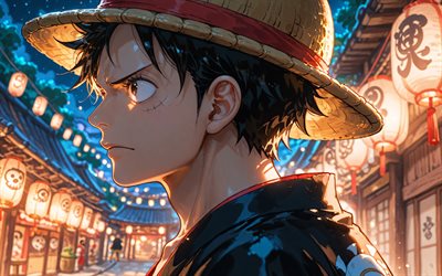 4k, monkey d luffy, linternas japonesas, una pieza, calle, de cerca, quinta marcha, manga, arte abstracto, personajes de una pieza, engranaje 5, obra de arte, gomu gomu no mi, mono d luffy una pieza
