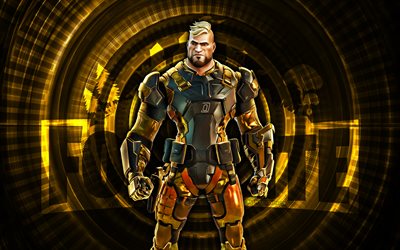 gunnar vif fortnite, 4k, fond spirale jaune, fortnite, créatif, peau de gunnar vive, peau fortnite vive gunnar, gunnar vif, personnages fortifiés