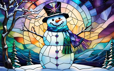 4k, muñeco de nieve abstracto, arte del mosaico, aurora boreal, obra de arte, paisaje de invierno, ventisqueros, feliz navidad, lindo muñeco de nieve, feliz año nuevo, muñecos de nieve, conceptos positivos, muñeco de nieve, muñeco de nieve sonriente