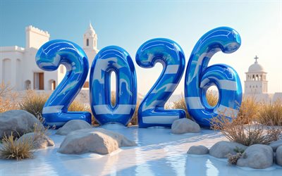 2026 Greece, 4k, Greek flag, Greece 2026 digits, 3D art, Greece 2026, travel to Greece 2026, 2025 3D digits, 2025 concepts, Santorini 2026, Greece