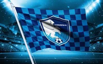 4k, logo dell'erzurumspor, società calcistica turca, bandiera dello stadio, bandiera dei tifosi dell'erzurumspor, bandiera blu, emblema dell'erzurumspor, tff 1 lig, tacchino, calcio, erzurumspor