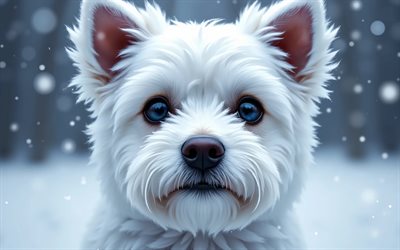 4k, maltais, gros plan, hiver, bokeh, forêt, chiens, museau, animaux mignons, animaux de compagnie, chien en forêt, chien maltais