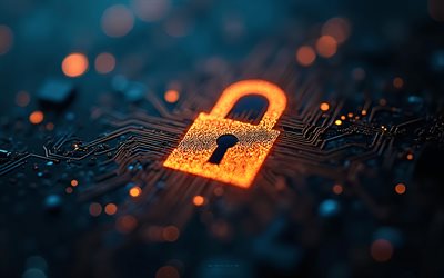 computer security, neon orange lock, cybersecurity, digital technologies, glowing lock, concepts, cybersecurity concepts