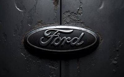 marchio ford, sfondo grunge metallo nero, emblema della ford, segno ford, sfondo nero, arte del grunge, guado, logo ford in metallo 3d