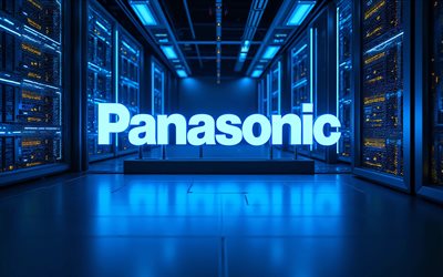 4k, Panasonic blue neon logo, darkness, bokeh, electronics brands, datacenter racks, artwork, Panasonic logo, brands logo, Panasonic neon logo, Panasonic, brands, Panasonic blue logo