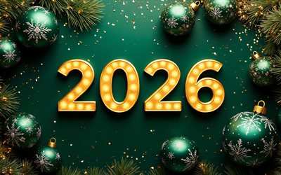 2026 Happy New Year, 2026 glowing numbers, dark green background, 2026 gold 3D numbers, 2026 dark green greeting card, dark green Christmas balls, Happy New Year 2026, art, 2026 concepts, 2026 New Year