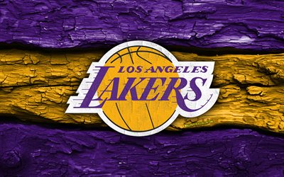 los angeles lakers logotyp i trä, 4k, violett gul trä bakgrund, nba, basketboll, los angeles lakers logotyp, los angeles lakers emblem, amerikansk basketlag, los angeles lakers, la lakers