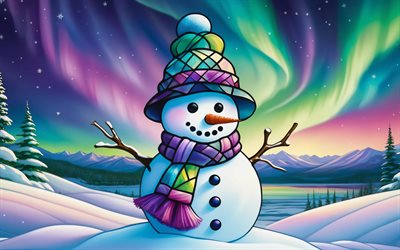 4k, lindo muñeco de nieve, arte de dibujos animados, aurora boreal, paisaje de invierno, ventisqueros, feliz navidad, muñeco de nieve abstracto, feliz año nuevo, muñecos de nieve, muñeco de nieve, conceptos positivos, muñeco de nieve de dibujos animados, muñeco de nieve sonriente