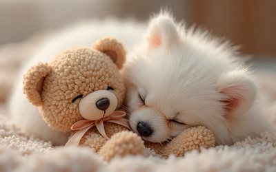 welpe und teddybär, süße tiere, schlafender kleiner hund, gute nacht konzepte, pommerscher welpe, süße hunde, brauner teddybär