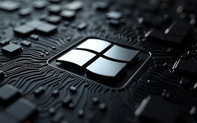 windows metallinen logo, 4k, musta emolevy, windows hopea siru logo, windowsin tunnus, windows merkki, windows logo, musta teknologia tausta, windows