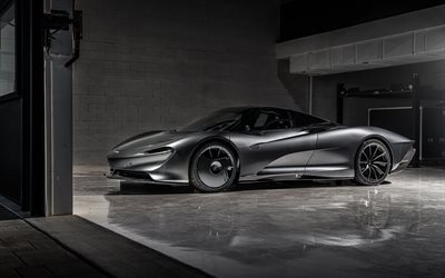 4k, mclaren speed ​​tail, garagem, hipercarros, carros 2025, supercarros, speedtail mclaren prateado, mclaren speedtail 2025, carros britânicos, mclaren