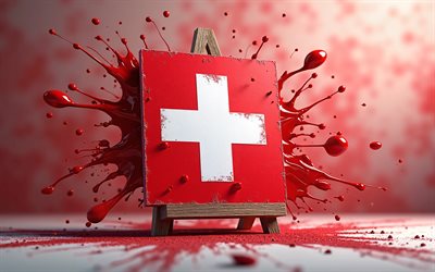 bandera de suiza en caballete, 4k, creativo, bandera de suiza, salpicaduras de pintura, bandera suiza, bokeh, bandera de suiza 3d, suiza