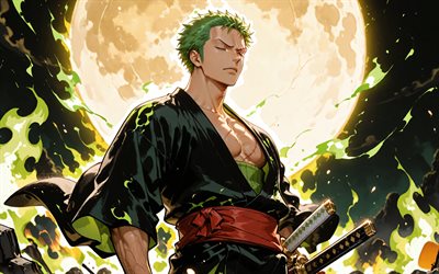 4k, roronoa zoro, luna verde, kimono, una pieza, noche, llamas de fuego verdes, obra de arte, personajes de una pieza, manga, cazador de piratas, roronoa zoro una pieza
