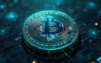 Bitcoin 3D coin, turquoise neon light, Bitcoin sign, cryptocurrency market, Bitcoin logo, Bitcoin emblem, Bitcoin, cryptocurrency, macro, Bitcoin coin