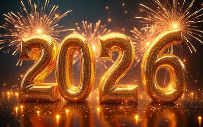 2026 kultaisia ​​3d numeroita, 4k, bokeh, kultainen ilotulitus, onnellista uutta vuotta, 2026 konseptit, yö, luova, 2026 3d numerot, 2026 kirjoitus, 2026 kultaista numeroa, 2026 uusi vuosi, 2026 taide