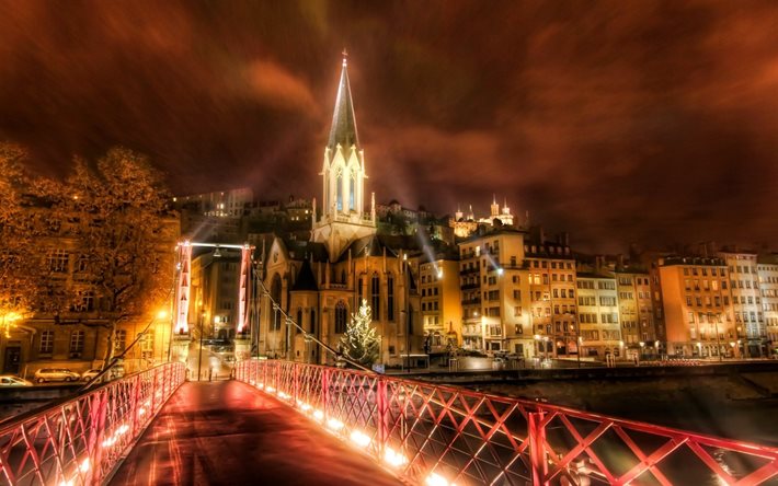 Lyon, Fransa, gece, köprü, ışıklar, HDR