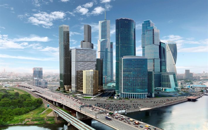 मास्को शहर, व्यापार केंद्र, गगनचुंबी इमारतों, मास्को, नदी, रूस