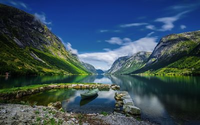 küste, boot, fjorde, wolken, berge, bootssteg, norwegen, sommer