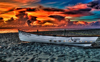 boat, beach, sunset, sea, orange sky, HDR
