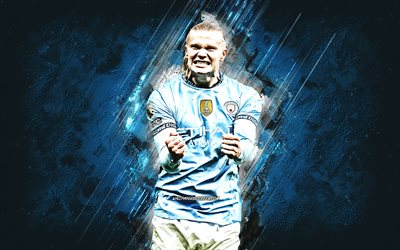 erling haaland, manchester city fc, norsk fotbollsspelare, blå stenbakgrund, grunge konst, man, premier league, engelska, fotboll, erling haaland manchester city, haaland