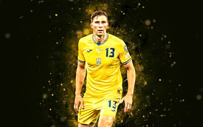 Ilya Zabarnyi, 4k, yellow neon lights, Ukraine national football team, UEFA, Ukrainian footballers, Ilya Zabarnyi 4k, football, soccer, national teams, Ilya Zabarnyi Ukraine Team