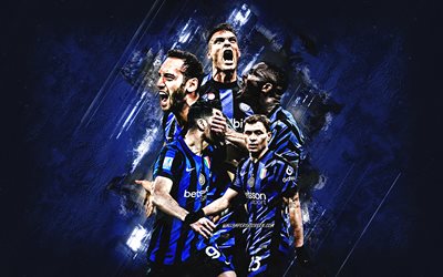 inter, club di calcio italiano, sfondo di pietra blu, grunge art, giocatori di calcio dell'inter, internazionale, serie a, italia, nicol barella, marcus thuram, hakan calhanoglu, lautaro martinez