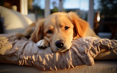 golden retriever, 4k, labrador, schnauze, süße hunde, haustiere, hunde, süße tiere, labrador auf kissen, bokeh, golden retriever hund