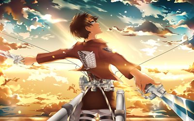 エレン・イーガー, 日没, shingeki no kyojin, 剣, ファンアート, 漫画, 進撃の巨人, アニメキャラクター, 主人公, タイタンのキャラクターへの攻撃, タイタンに対するエレン・イーガーの攻撃