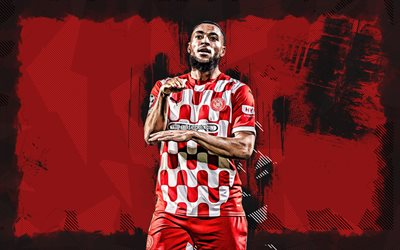 4k, arnaut danjuma, fundo vermelho grunge, girona fc, la liga, jogadores holandeses, arnaut danjuma 4k, futebol, laliga, arnaut danjuma girona