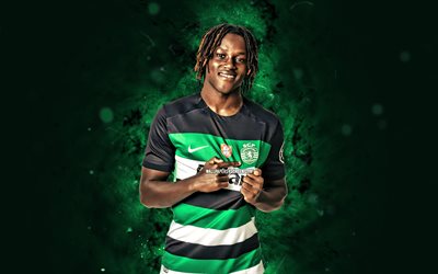 4k, geovany quenda, grüner abstrakter hintergrund, sporting cp, primeeira liga, portugal, portugiesische fußballer, grüne neonlichter, fußball, liga portugal, geovany tcherno quenda, sporting fc, sporting lissabon