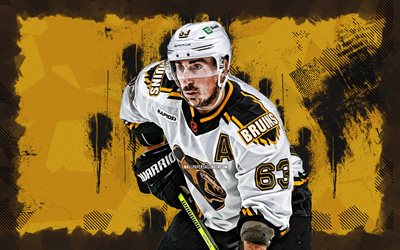 4k, Brad Marchand, yellow grunge background, Boston Bruins, NHL, Canadian hockey players, Brad Marchand 4K, hockey, National Hockey League, Brad Marchand Boston Bruins