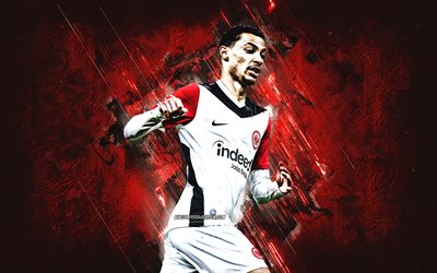 Hugo Ekitike, Eintracht Frankfurt, French footballer, red stone background, grunge art, Bundesliga, Germany, football, Hugo Ekitike Eintracht Frankfurt