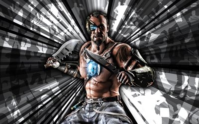 4k, Kano, Mortal Kombat, gray rays background, MKM, abstract art, Mortal Kombat Mobile, Kano MKM, Mortal Kombat characters, Mortal Kombat X, Kano Mortal Kombat, creative art