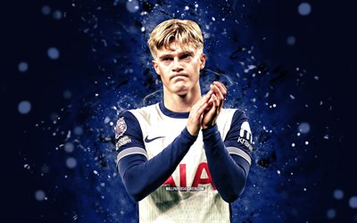 4k, lucas bergvall, fond de résumé bleu, tottenham hotspur fc, premier league, footballeurs suédois, néons bleus, lucas bergvall 4k, football, lucas bergvall tottenham hotspur