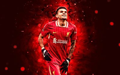 4k, Luis Diaz, red abstract background, Liverpool FC, Premier League, colombian footballers, Luis Diaz 4K, red neon lights, football, soccer, LFC, Luis Diaz Liverpool