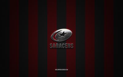 logotipo de sarracenos, club de unión de rugby inglés, rugby de la premier league, fondo rojo de carbono negro, emblema de sarracenos, sindicato de rugby, sarracenos, inglaterra, saracens rugby club, sarracenos fc