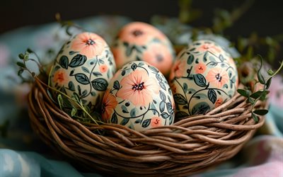 drawings on eggs, Easter eggs, eggs in a nest, Happy Easter, Easter decoration, Easter, draw flowers on Easter eggs
