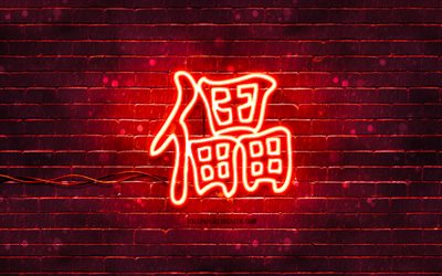 förstöra neon hieroglyf, 4k, röd tegelvägg, förstöra kanji, kanji hieroglyfer, förstöra hieroglyf, japansk kanji, japanska hieroglyfer, konstverk, hieroglyfer, förstöra