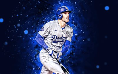 freddie freeman, 4k, mavi neon işıklar, los angeles dodgers, mlb, kanadalı beyzbol oyuncuları, freddie freeman 4k, beyzbol, major league beyzbol, la dodgers, freddie freeman los angeles dodgers