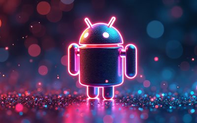 4k, android neon  logo, luova, violetti glitter  tausto, tuotemerkit, os  logo, android abstract logo, android 3d  logo, taideteos, android  logo, androidi
