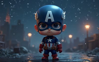 capitán américa, 4k, superhéroes, arte chibi, marvel comics, capitán américa chibi, noche, arte 3d, capitán américa 3d, fan art, capitán américa 4k