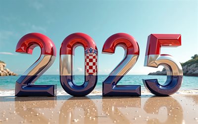 2025 kroatien, 4k, reisen sie nach kroatien, sommer 2025 in kroatien, meer, strand, kroatien 2025 ziffern, 3d  kunst, kroatienflagge, 2025 3d  ziffern, kroatien