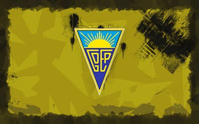gd estoril praia logo grunge, 4k, primeira liga, fond de grunge jaune, football, gd estoril praia emblem, logo gd estoril praia, gd estoril praia, liga portugal, club de football portugais, estoril praia fc